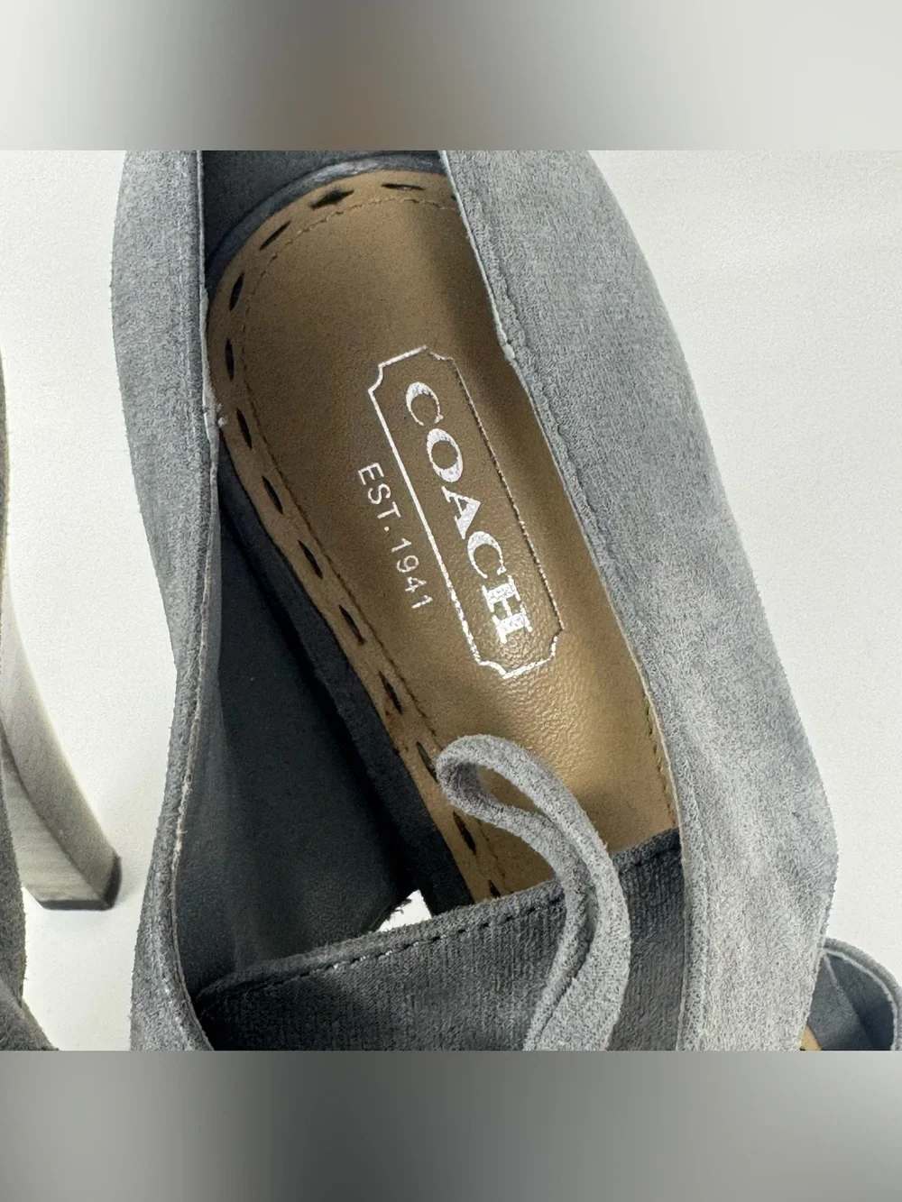 Coach Teagan Size 8 Gray Seude Peep Toe Sandals Platform Heels Tie Up Tassel